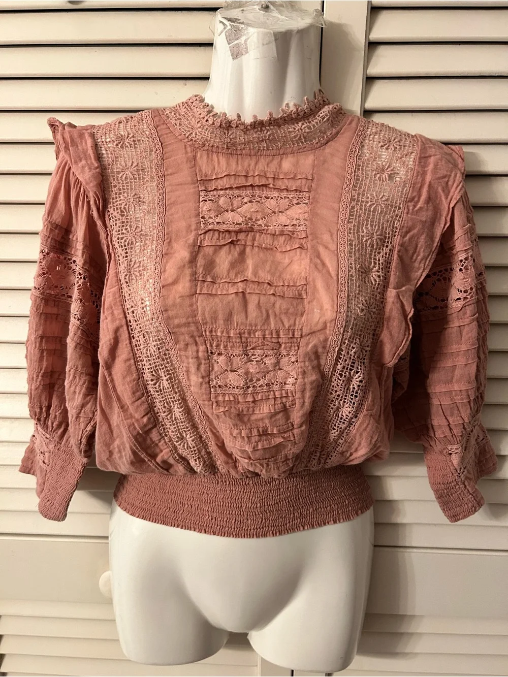 FP One Sydney  Lace-Panel Pink Blouse with Puff Sleeves